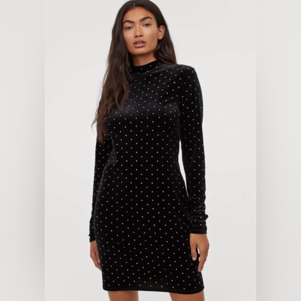 H&M Black Long Sleeve Velvet Dress with Rhinestones